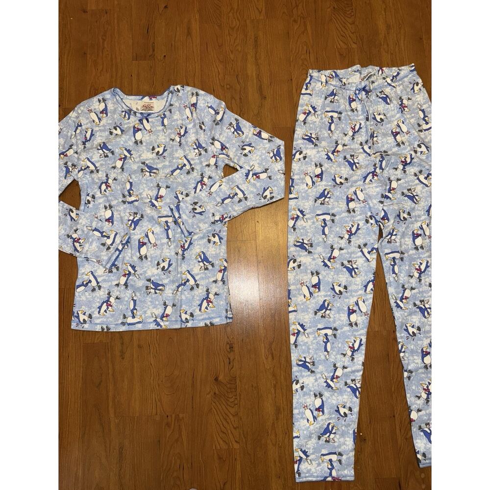 Cuddle Johns By Cuddle Duds Pajama Set Women's Size M Blue Penguin Print Holiday
